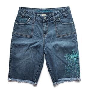 Arizona Jeans Co. Bermuda Palm Trees Embroidered Star Print Green Blue Girls 16